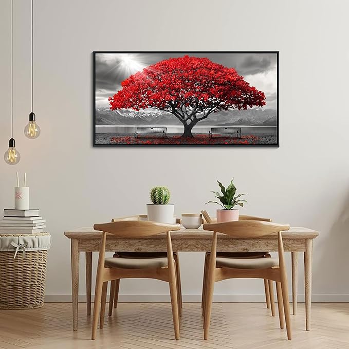 AJAZIKO Red Wall Art - Modern Framed Wall Art for Living Room - Red Tree Black and White Landscape Canvas Prints Posters & Prints for Home Office Bedroom Decorations - Large Wall Pictures 20×40IN