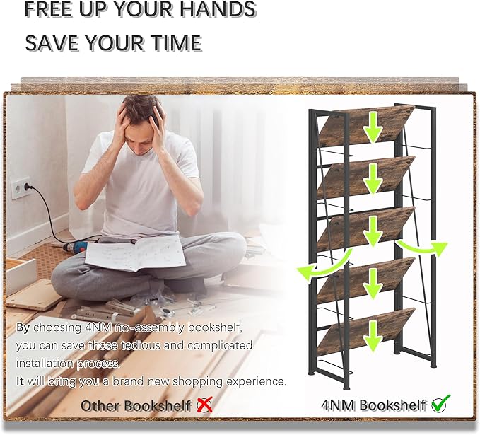 4NM No Assembly Foldable Bookshelf, 5-Shelf Collapsible Bookcase Storage for Small Spaces, 62.2" H, Rustic Brown and Black