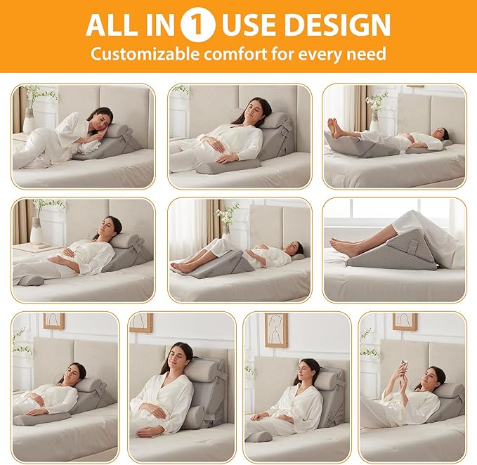 4PCS Orthopedic Bed Wedge Pillow Set for Sleeping, Wedge Pillow for Back Pain Relief, 10-in-1 Adjustable Bed Wedge Pillow Post Surgery, Triangle Pillow for Acid Reflux Snoring Gerd, Grey