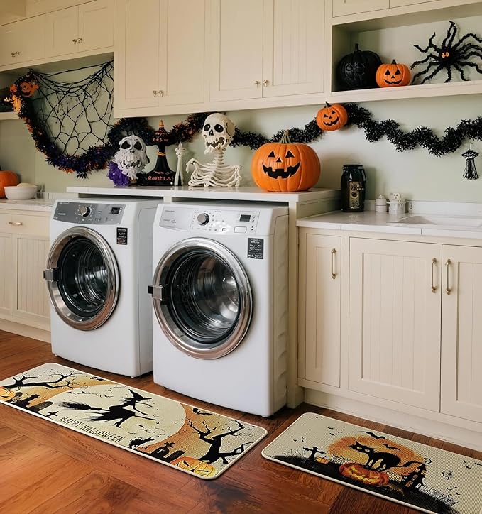 Halloween Kitchen Mat Set of 2, Spooky Witch Pumpkin Cat Halloween Kitchen Decor, Halloween Rug for Floor, Indoor Spooky Home Decor with Non-Slip Backing,17 x 29 Inch & 17 x 47 Inch