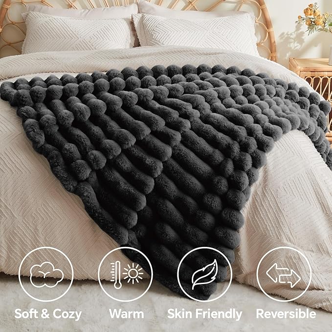 BEDELITE Faux Fur Throw Blanket for Couch, Soft and Cozy Luxurious 3D Striped Fluffy Blanket, 770GSM Thick Warm Plush Fuzzy Faux Rabbit Fur Blanket for Women Gift (Black, 60"x 80")