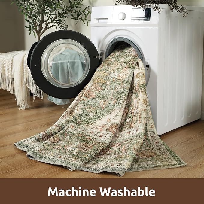 AMOAMI-Area Rug 6X9 Rugs for Living Room-Vintage Soft Green Rugs for Bedroom-Non Slip Carpet-Machine Washable Rug for Dining Room Living Room Bedroom Office Under Table