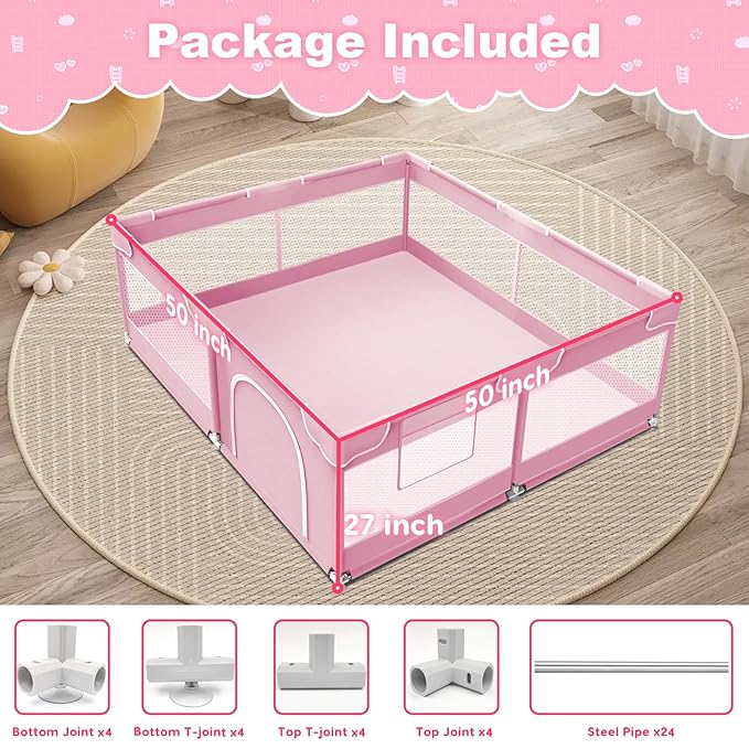 Baby Playpen 50 x 50 Inch Play Pen Playards, Playpen for Babies and Toddlers, Baby Playard for Indoor & Outdoor Active Center Game Fence, with Skin-Friendly Fabric and Soft Breathable Mesh Pink