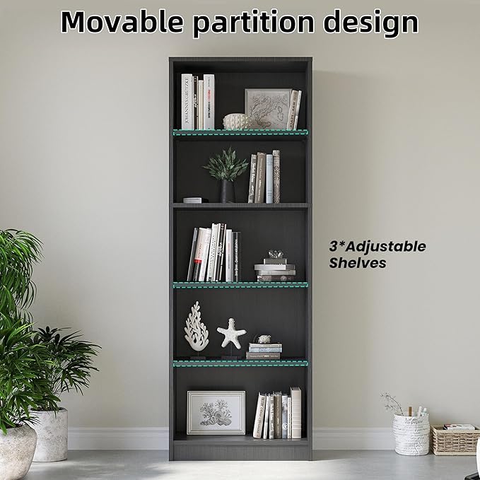 Bookshelf, Open Modern Bookshelf, 5 Shelf Bookcase with Freestanding Display Storage, Wooden Book Shelf for Bedroom, Living Room, Dinning Room, Office, Dray