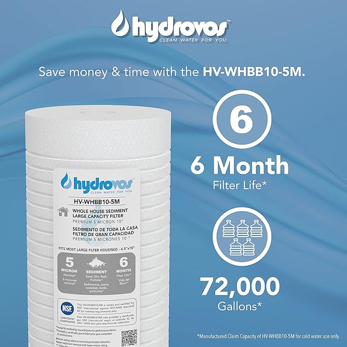 4.5 x 10 Inch Large Capacity Whole House Water Filter, NSF 42 Certified 5 Micron Sediment Filtration, Compatible with Whirlpool WHKF-GD25BB Aqua-Pure AP810, AP801 GE GXWH30C GXWH35F GWWH40