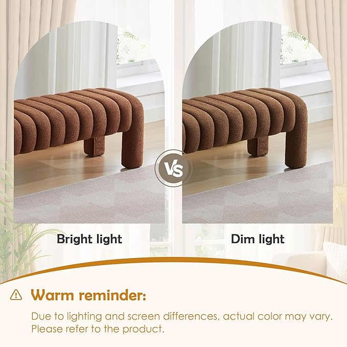 43.3" Bedroom Bench, Upholstered Entryway Bench, Modern End of Bed Ottoman with Solid Wood Legs and Adjustable Foot Pegs for Entryway, Dining Room and Living Room (Brown Boucle)