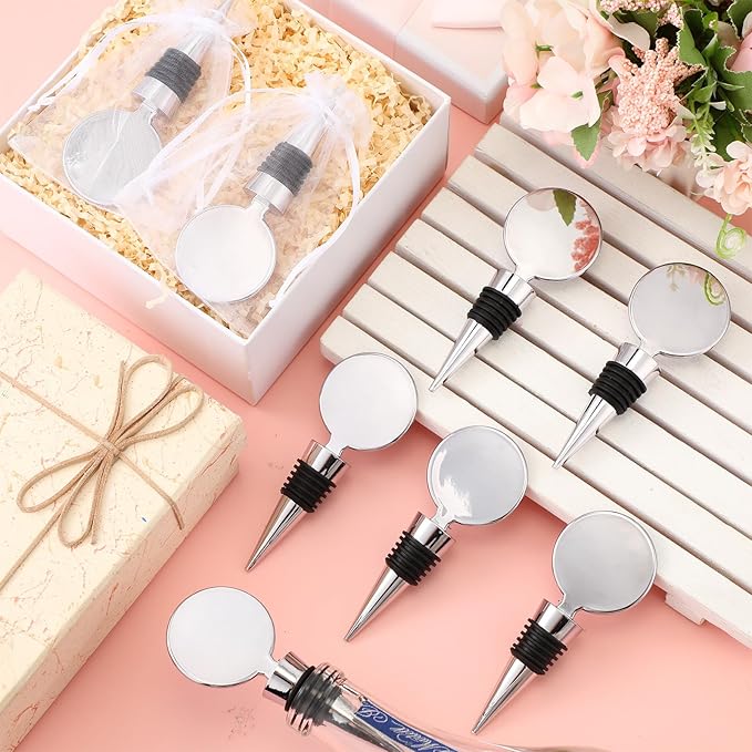 36 Sets Wine Stopper for Wine Bottles Wedding Wine Stopper Champagne Bottle Stoppers Beverage Bottle Stoppers with White Sheer Organza Bags Wedding Party Favor for Guests (Silver)