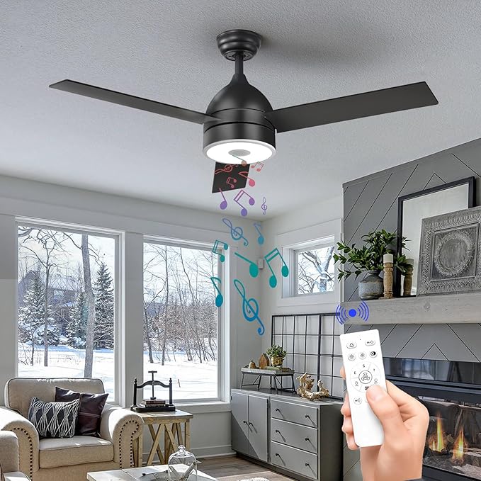Black 60 Inch Ceiling Fan with RGB Dimming LED Light,with Music Bluetooth Speaker,with Remote Control,3-Speed Regulation, Reversible Motor,Timing,for Living Room,Bedroom,Restaurant