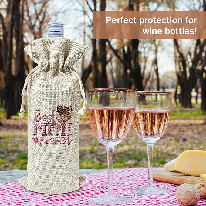 Best Mimi Ever Wine Gift Bag, Mimi Gifts for Grandma from Granddaughter Grandson, Gift for Nana Grandmother, 1pcs Reusable Burlap Wine Gift Bag for Wine Bottles, Mother's Day Holiday Party Favor -16