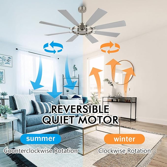 60 Inch Ceiling Fan without Lights, Wood 8 Blades 6-Speed Noiseless Reversible DC Motor, Modern Large Remote Control Ceiling Fan for Bedroom Dining Living Room, Nickel Finish+Silver
