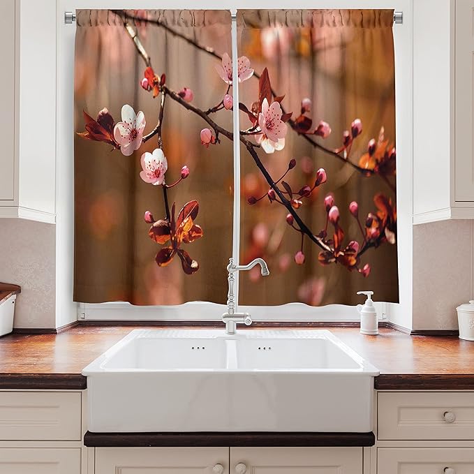 Ambesonne Nature Long Kitchen Curtains, Cherry Blossom Sakura Tree Branches Flowering Japanese Flourishing Print, Two Panels Drapes with Rod Pocket Room Decor, 55" x 45", Coral Pink