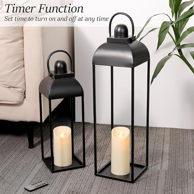25'' 19'' Lanterns Decorative Outdoor Indoor, Black Metal Outdoor Candle Lanterns, Set of 2 Modern Farmhouse Decorative Lantern for Fireplace, Patio, Porch, Floor, Halloween Lantern (No Glass)