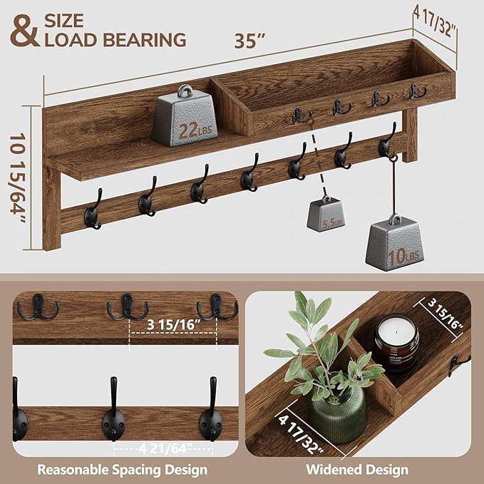 AMBIRD Coat Rack Wall Mount, 35 inch Large Wall Hooks with Shelf, Entryway Shelf with 7 Dual Coat Hooks 4 Key Hooks Mail Organizer, Wooden Coat Hanger and Key Holder Wall Mount