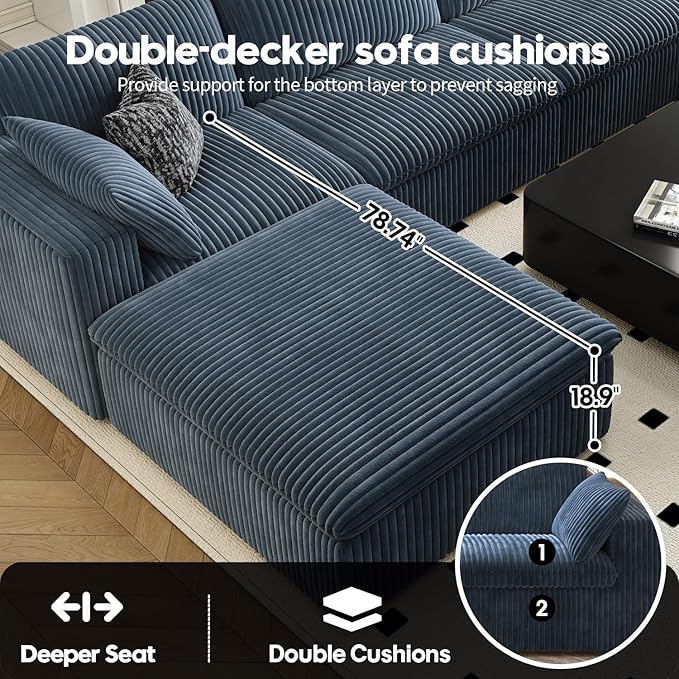 118" Cloud Couch Oversized Modular Sectional Sofa for Living Room,Modern Sofa with Deep Seat，V Shaped Boneless Couch,Comfy Upholstered Corduroy Couches for Apartment, Studio, Office,Bedroom，Blue