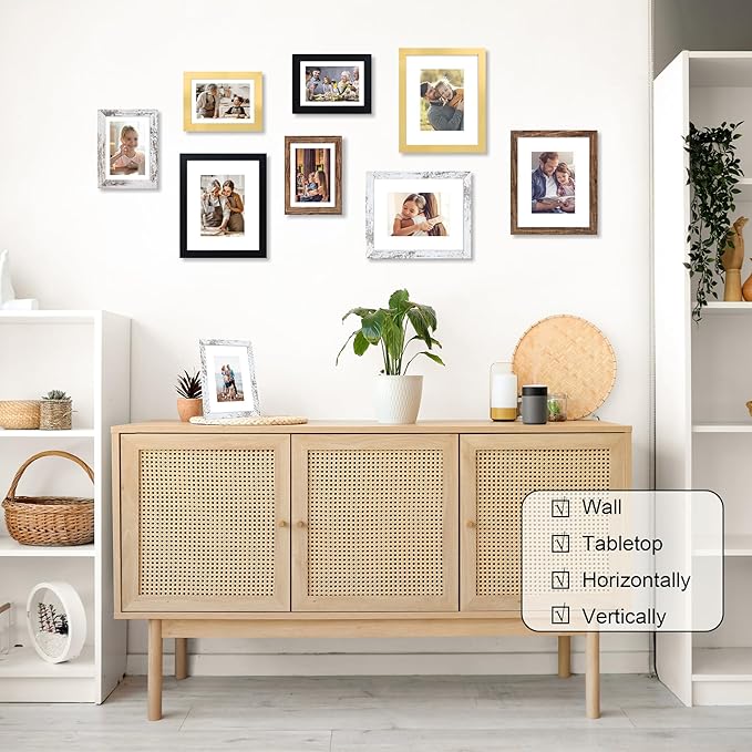 4x6 Picture Frame Set of 4, 4 x 6 Wood Photo Frames with Mat for 3.5x5, Natural Wooden Frame with Real Glass Cover for Wall and Tabletop Display,Rustic Brown