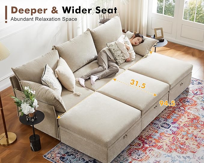 102.6" Modular Sectional Sofa, L Shaped Couch Set for Living Room, 3-Seater Comfy Cloud Couches with Movable Storage Ottoman,DIY Combination - Chenille Beige