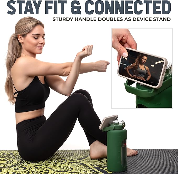 64oz Glass Water Bottle | Green Water Bottle with Straw & Time Marker | Half Gallon Water Bottle with Measurements & Silicone Sleeve | Suitable for Travel, Gym, Sports & Daily Intake