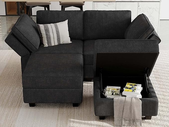 Bellfin Modular Sectional Sleeper Sofa Convertible Sofas with Storage Ottomans Small Sectional Couches for Living Room. Black Couch