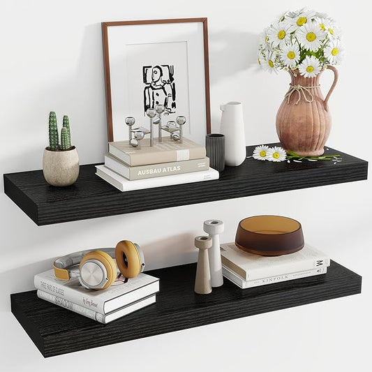 36 Inch Floating Shelves, 12 Inch Deep Floating Shelves for Wall, Floating Shelf with Invisible Brackets, Deep Shelves for Bathroom, Bedroom, Living Room, 2 Pack, Black