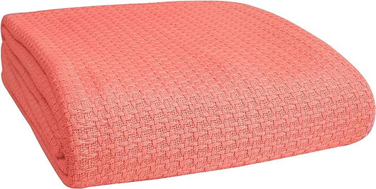BELIZZI HOME 100% Cotton Bed Blanket, Breathable Bed Blanket Full Queen Size, Cotton Thermal Blankets Full Queen, Perfect for Layering Any Bed for All Season, Coral