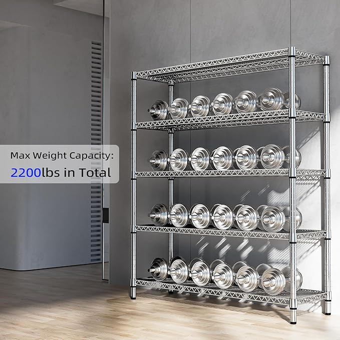 2200 Lbs 5 Tier Storage Rack Metal Wire Shelving Unit, Storage Standing Shelf Organizer for Laundry Bathroom Kitchen Pantry Closet Garage, Chrome 17.7" D x 59.1" W x 70.4" H