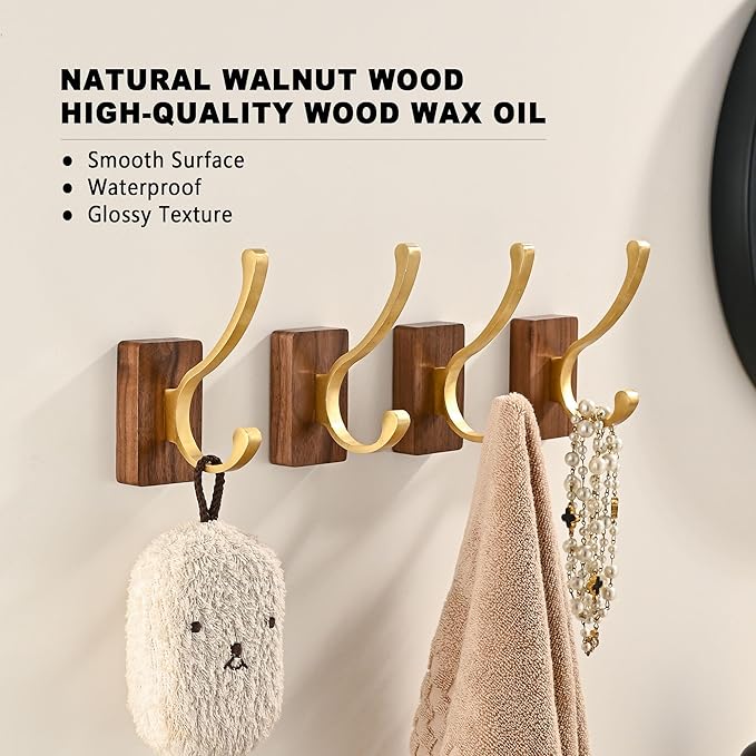 4 Pack Wooden Wall Hooks for Hanging, Adhesive Mounted & Wall Mount Nature Wood Coat Hook for Towel Clothes Blanket Hat Backpack Robe Nursery Door Board Entryway Key Holder Brushed Gold