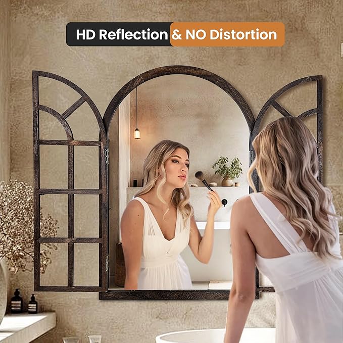 Arched Wall Mirror with Window Design, 36"x24" Rustic Farmhouse Wood Mirror for Wall Decor, Decorative Vintage Arch Mirror for Living Room, Bedroom, Entryway
