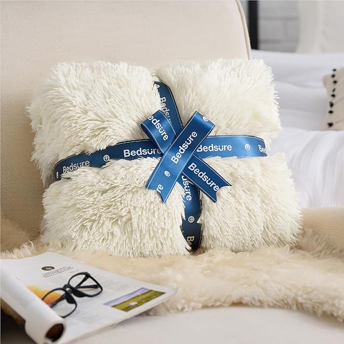 Bedsure GentleSoft Fluffy Cream Blankets Queen Size for Bed, Thick Sherpa Faux Fur Fleece Fuzzy Plush Winter Warm Heavy Soft Full Queen Blankets, Bedroom Decor Cream Gifts Cozy Gifts for Women, 90x90