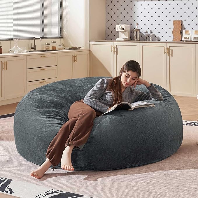 Bean Bag Chair 5Ft, Memory Foam Filled, Large Beanbag Chairs for Adults and Teens, Soft Sofa with Removable Flannel Cover, Round Couch for Living Room Bedroom College Dorm (Dark Gray, 5FT-60×60"×24")