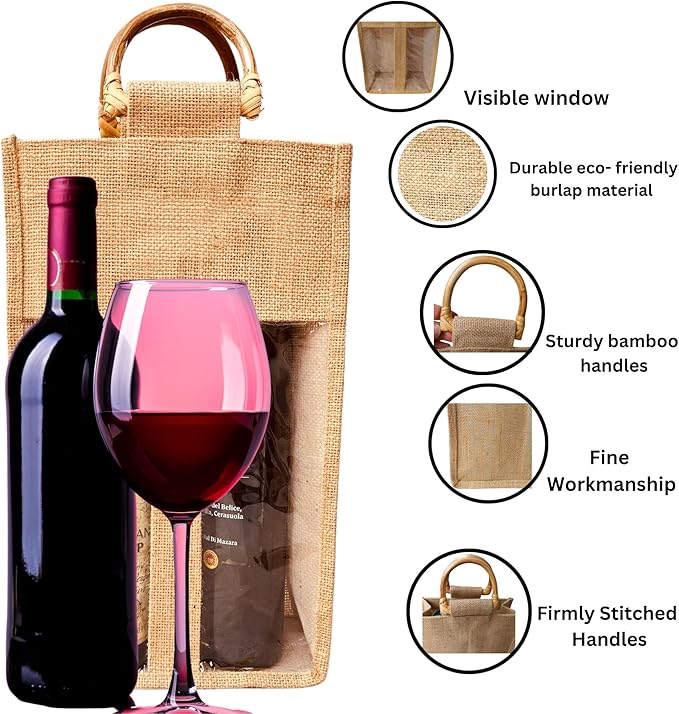 Bulap Wine Gift Bags with Window - 2 Pcs Natural Jute Wine bottle Carrier Bags for Birthday, Wedding, Anniversary, Party, Festival, Christmas Gift (2x Bags for 2-Bottles)