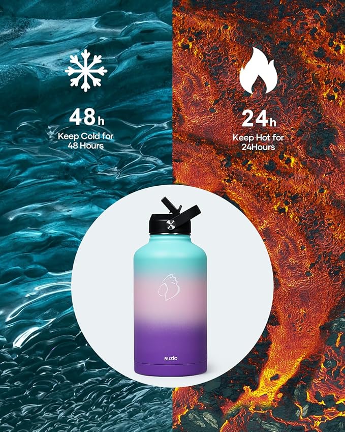 BUZIO 64oz Insulated Water Bottle Stainless Steel Double Wall Leak Proof Half Gallon with Straw Lid and Flex Cap (Cold for 48 Hrs) Sports Flask Metal Travel Mug for Hiking Cycling, Hydrangea