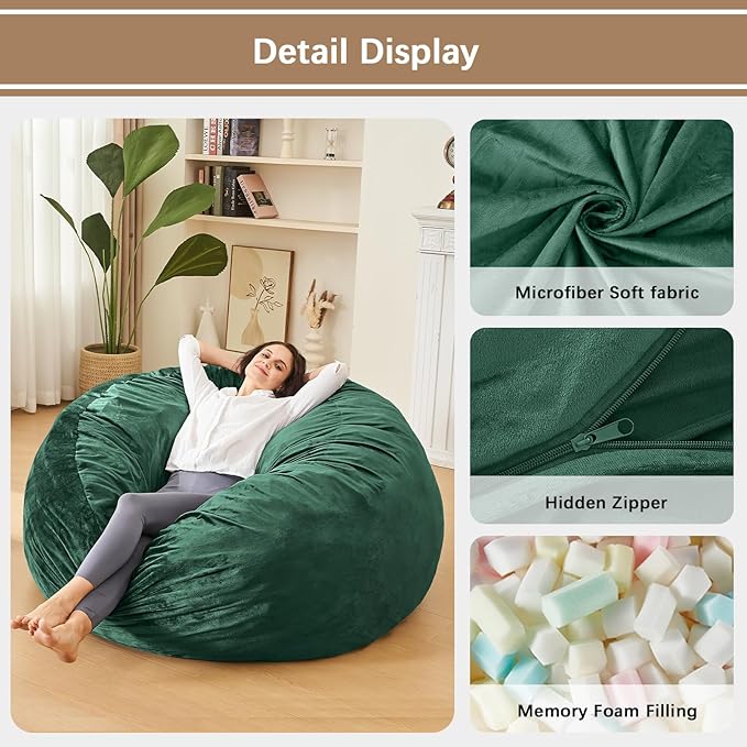 Bean Bag Chairs for Adults - Memory Foam Furniture BeanBag Chair - Kids/Teens Sofa with Soft Micro Fiber Cover - Round Fluffy Couch for Living Room Bedroom College Dorm - 4 ft, Green