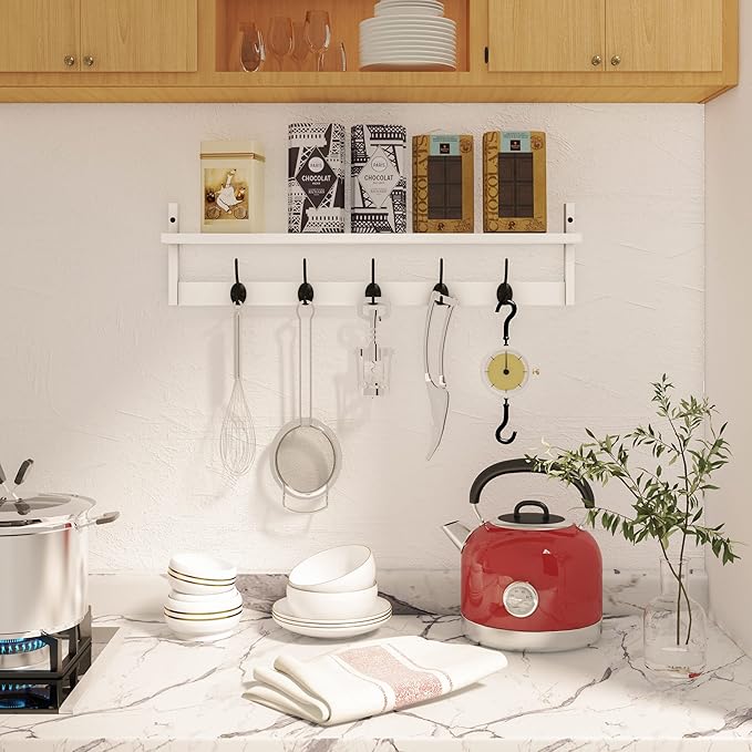 AMBIRD Wall Hooks with Shelf | Entryway Hanging Wood Coat Hooks | Wall-Mounted Rack with 5 Dual Hooks | Bathroom, Living Room, Bedroom (Modern).