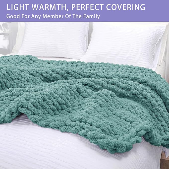 Bigacogo Chunky Knit Throw Blanket for Couch, 51x63 inches, 100% Hand Knitted with Thick Jumbo Chenille Yarn, Cozy Soft Large Rope Knot Cable Crochet Blankets for Sofa Bed Living Room, Light Teal