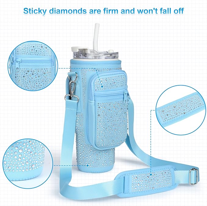 Bling Diamond Water Bottle Carrier Bag with Phone Pocket for Stanley 40/30 oz Tumbler with Card Holder,Neoprene Water Bottle Holder Pouch with Adjustable Strap for Stanley Cup Accessories