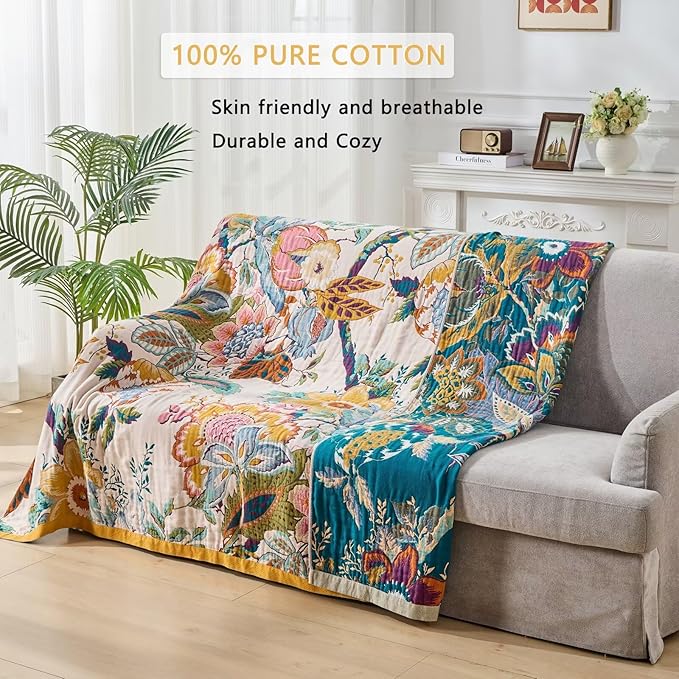 Boho Throw Blanket, Ultra Soft Rustic Quilt for Bed, Lightweight Fall Throws Blanket Muslin Blankets for Adults, Picnic, Farmhouse Decor, Cozy 100% Cotton Throw Blankets, Happiness, 60"x80"