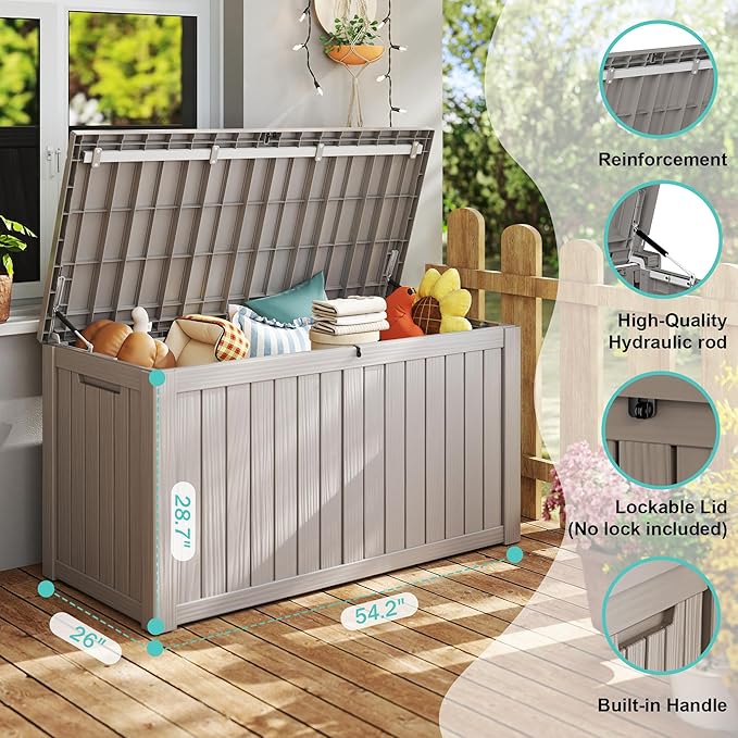150Gal Outdoor Deck Box Waterproof, Lager Patio Storage Box Indoor and Outdoor Use, Lockable Resin Storage Bin for Patio Furniture Cushions Garden Tools, Package Delivery,UV Resistant-Grey