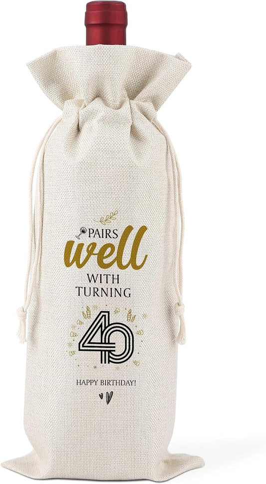 40th Birthday Wine Bag,Pairs Well With Turning 40 Happy Birthday,40th Gift Birthday Planning Gift,40th Gift Birthday Party,Birthday Decorations Wine Bag,Reusable Wine Bags With Drawstring,L15