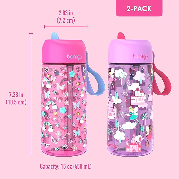 Bentgo Kids Water Bottle 2-Pack - Leak-Proof, Durable Tritan™, BPA-Free 15 oz Cup for Kids/Toddlers 3+; Flip-Up Straw; Dishwasher Safe for School/Sports/Daycare/Camp (Rainbows & Butterflies/Fairies)