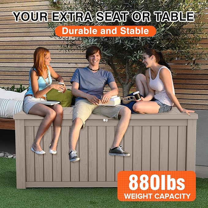 150 Gallon Outdoor Storage Cabinet, Large Outdoor Storage Box for Patio Furniture Covers, Cushion Pillows, Waterproof Deck Box with Lockable Lid for Garden Tools, Pool Accessories, Taupe