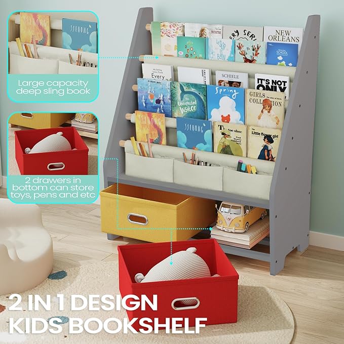 4 Tier Kids Book Shelf, Wooden Kids Book Rack, Grey Kids Bookshelf with Toy Storage Organizer, Toddler Sling Bookshelf for Boys, Girls, Kids Room, Red/Yellow