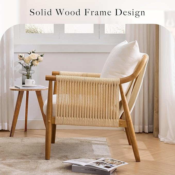 Braid Accent Chair for Living Room Bedroom Reading Room, Rattan Modern Boho Armchair with Solid Wooden Armrest & Frame and Cushions