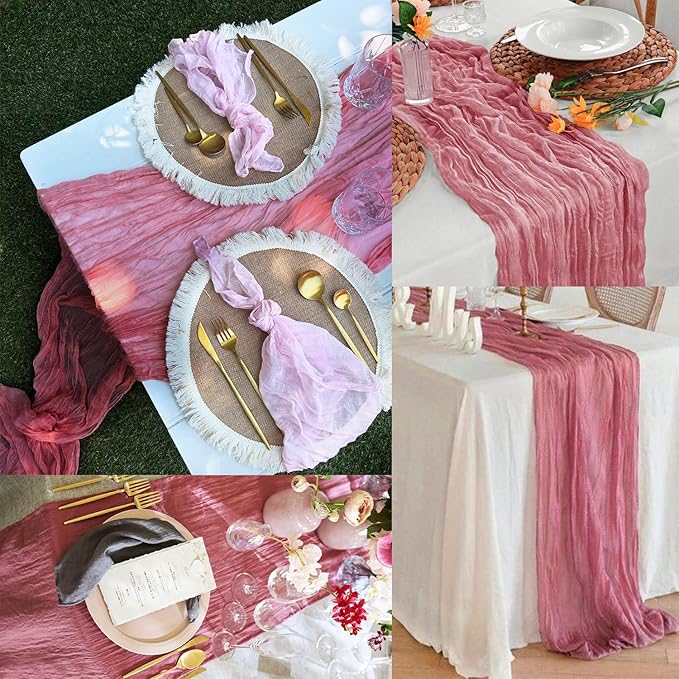 12 Pack Dusty Rose 10FT Cheesecloth Table Runner 20 x 120 Inch Long Rustic Gauze Fabric Cheese Cloth Table Runner for Wedding Bridal Baby Shower Table Decorations Boho Sheer Birthday Party Table Decor