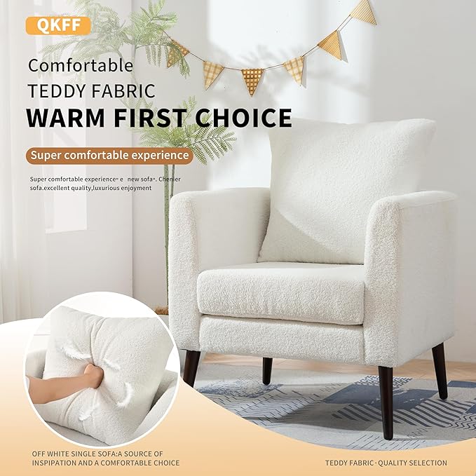 Barrel Accent Chair with Back Pillow, Large Teddy Upholstered Armchair with Solid Wood Legs Modern Reading Chairs for Living Room Bedroom