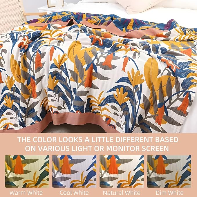 Boho Throw Blanket for Bed - 100% Pure Cotton Ultra Soft Rustic Quilt - Farmhouse Decor Bed Blankets, All Season Rustic Throw for Sofa Couch Chair(91''x 98'', Floral Sea)