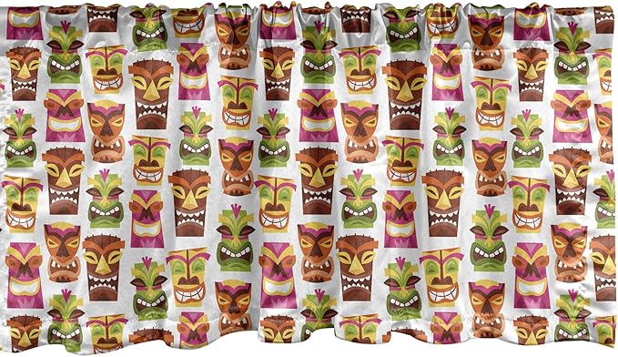 Ambesonne Tiki Bar Window Valance, Sixties Retro Inspired Hawaiian Party Happy Tiki Pattern Colorful, Curtain Valance for Kitchen Bedroom Decor with Rod Pocket, 54" X 18", White Brown