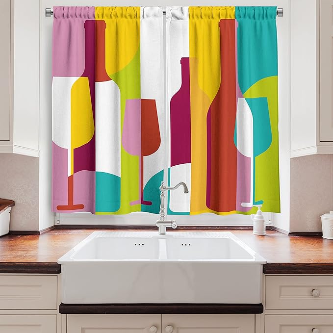 Ambesonne Wine Long Kitchen Curtains, Colorful Abstract Wine Bottle Glass Silhouettes Modern Party Drinks Geometric Design, Two Panels Drapes with Rod Pocket Room Decor, 55" x 45", Yellow Magenta