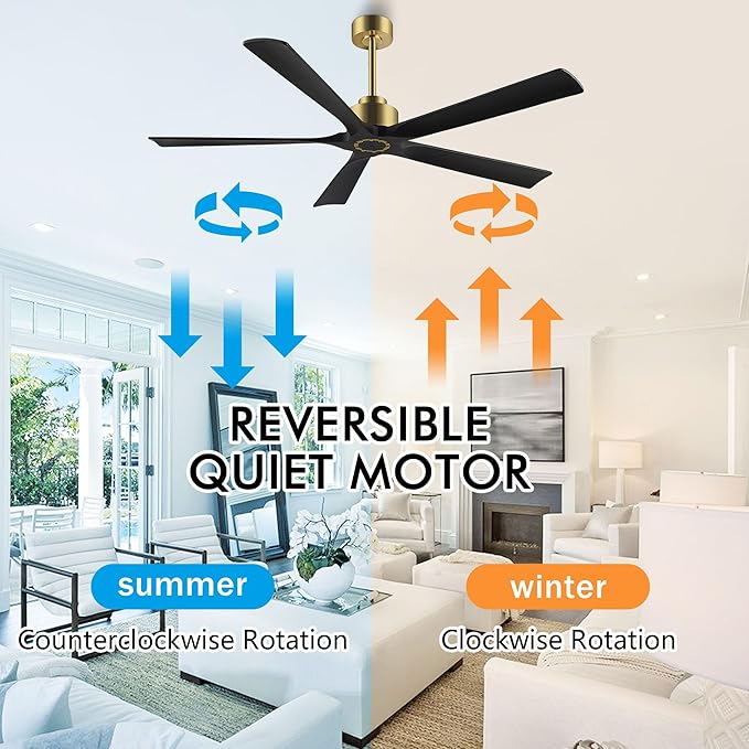 60 Inch Modern Ceiling Fan without Light, 5 Solid Wood Blades 6-Speed Noiseless Reversible DC Motor, Ceiling Fan with Remote Control for Bedroom Living Room, Gold Finish with Black Blades