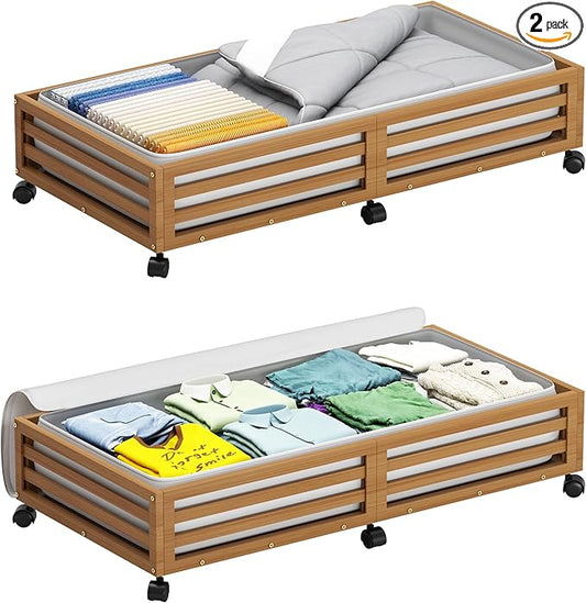 Bamboo Under Bed Storage Containers- Underbed Organizer with Wheels with Large Dust Bag,Sturdy Wood Rolling Under the Bed Shoe Storage Organizer Drawer 2 Packs (Walnut, Long)