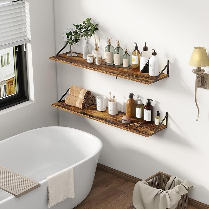 12 Inch Deep Floating Shelves,48W x 12D Floating Shelves, Deep Wall Shelves Bracket Set of 2, Large Display Floating Shelf for Bathroom, Living Room, Wide Storage Wooden Wall Shelf, Rustic Brown